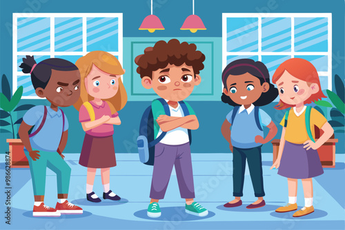 Group of students experiencing bullying, one child appears upset while peers surround with disapproval, Bullying in school - customizable illustration