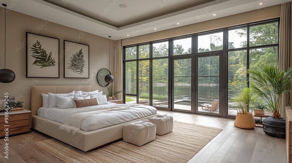 Fototapeta premium The bedroom, contemporary style, is decorated with plants and has a view of a lake.