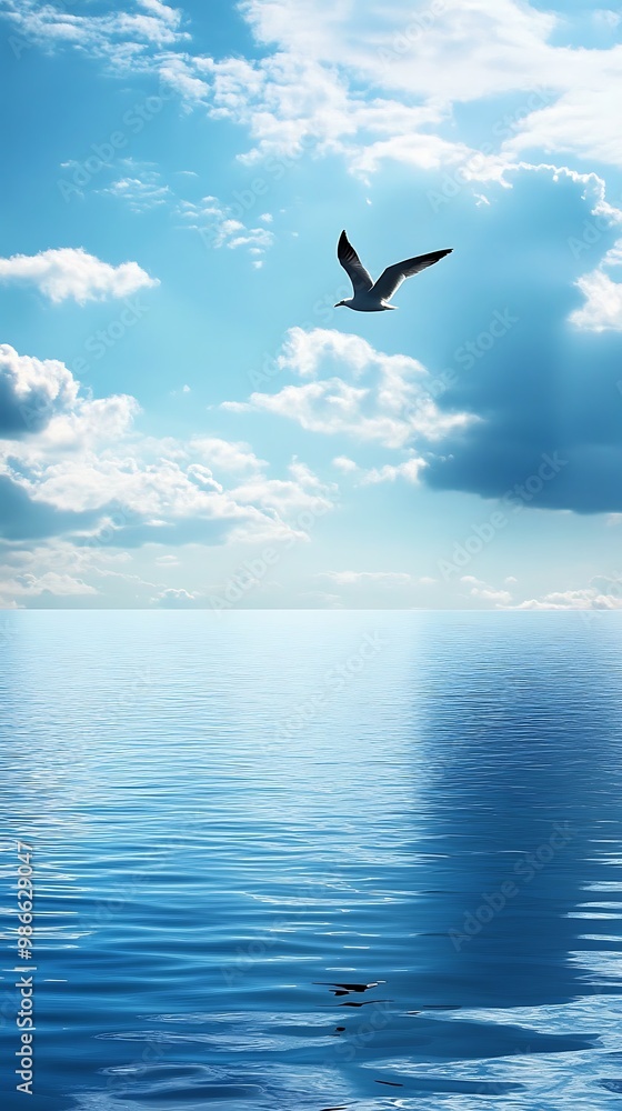Single Seagull Flying Over Tranquil Ocean with Blue Sky and Clouds Single Seagull Flying Over Tranquil Ocean with Blue Sky and Clouds