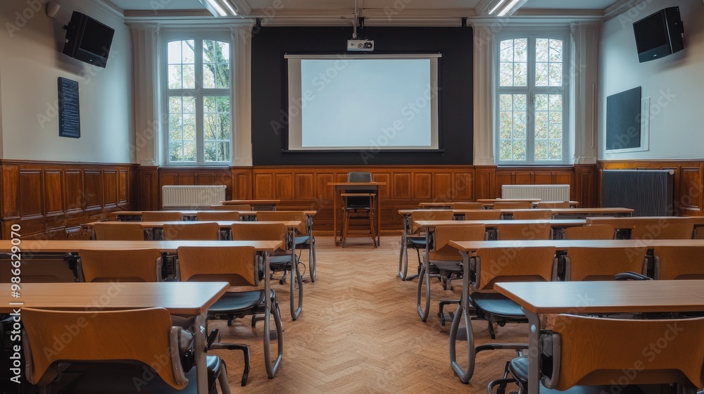 Classroom interior featuring a projector screen and whiteboard at the front, with polished wooden desks and chairs arranged neatly in rows. Classroom interior featuring a projector screen and whiteboard at the front, with polished wooden desks and chairs arranged neatly in rows.