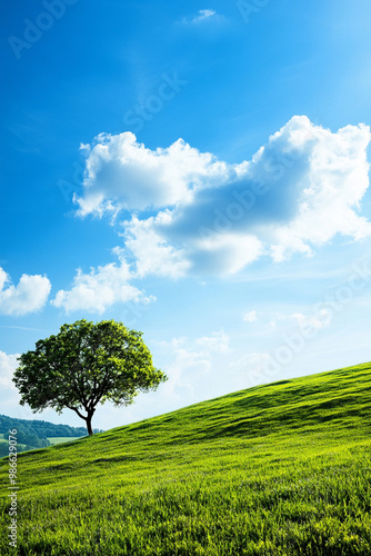 A serene landscape featuring a lone tree on a green hill under a bright blue sky with fluffy clouds, evoking peace and nature. photo