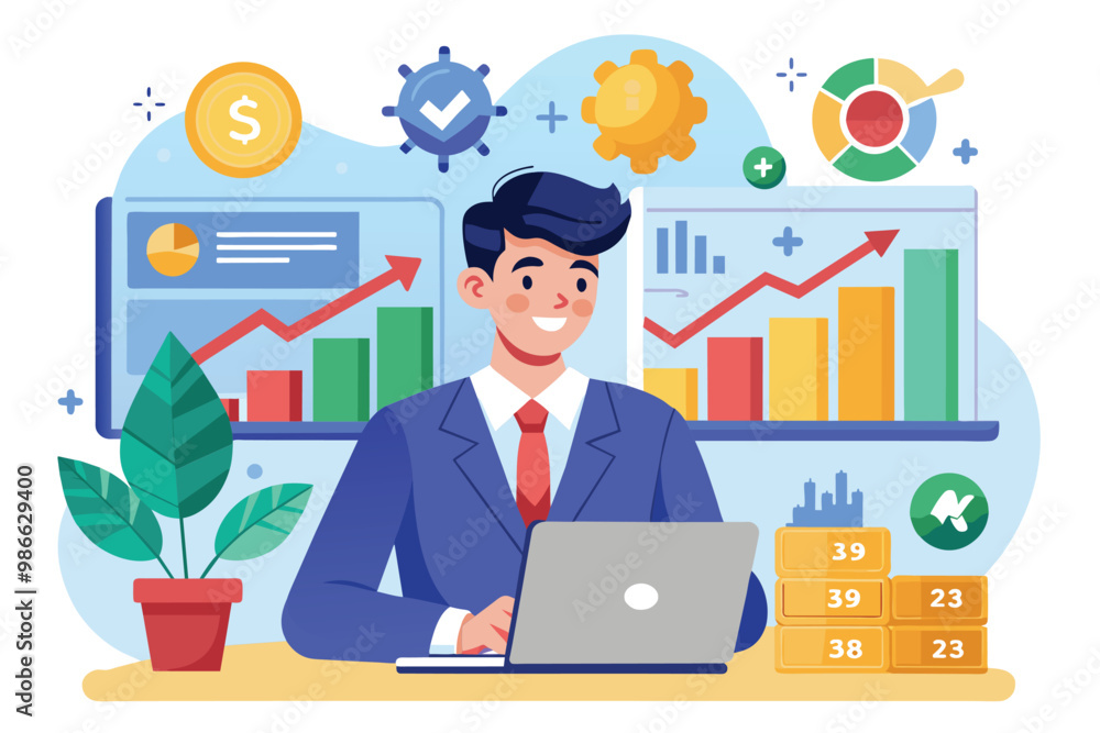 A business analyst reviews sales data and profit charts while working at his desk in an office setting, Business analyst using sales growth and profit analysis to create a marketing plan. A business analyst reviews sales data and profit charts while working at his desk in an office setting, Business analyst using sales growth and profit analysis to create a marketing plan.