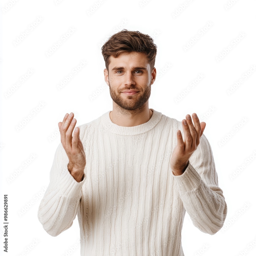 happy young man in white sweater with hands raised in the air as sign of appreciation or satisfaction happy young man in white sweater with hands raised in the air as sign of appreciation or satisfaction