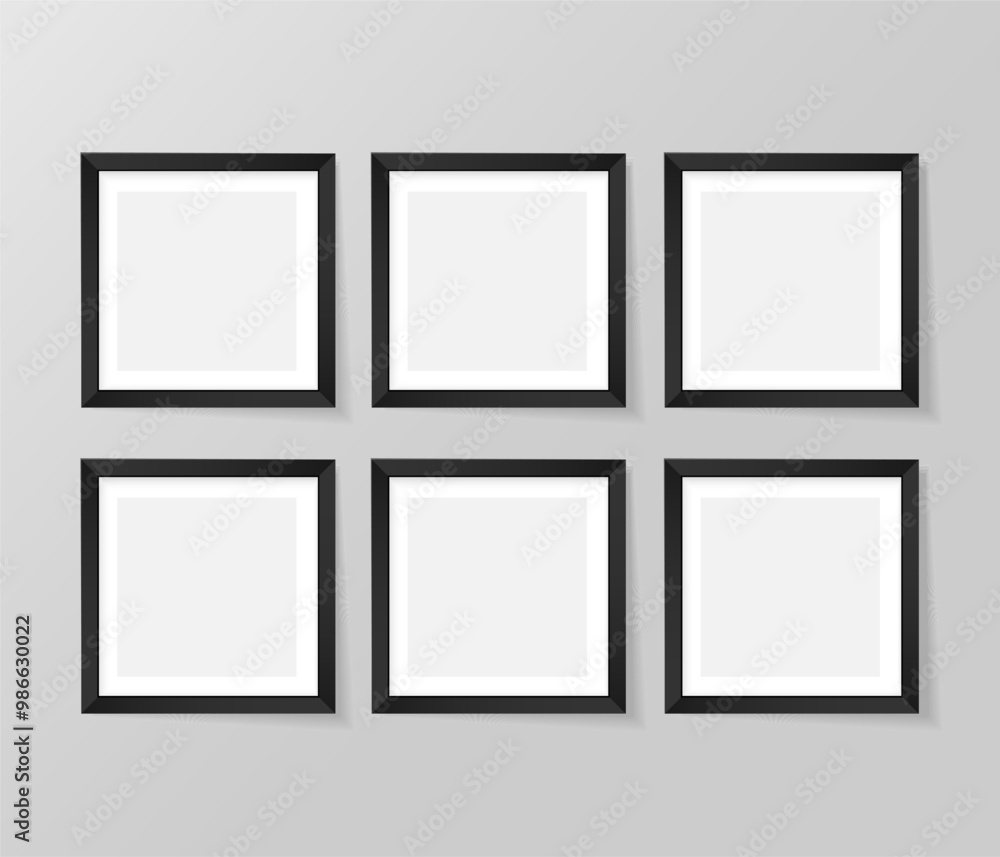 Set of templates of six black frames on the wall. Vector mockup with square frames. Set of templates of six black frames on the wall. Vector mockup with square frames.