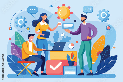 A group of professionals collaborates actively, discussing project ideas while working on devices in a modern workspace, Business collaboration illustrated in a flat style.