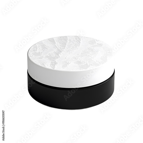 Elegant black and white cosmetic jar with a textured lid, perfect for skincare or beauty product packaging. photo