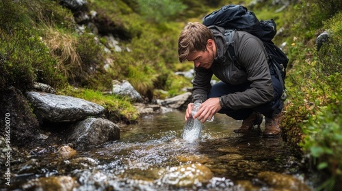 Tourist drinks stream water near Kjeragbolten. photo