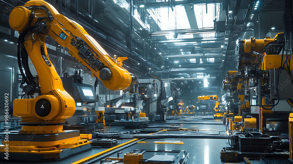 Futuristic factory floor with advanced mechanical systems illustrating the role of machine learning in modern mechanical engineering Futuristic factory floor with advanced mechanical systems illustrating the role of machine learning in modern mechanical engineering