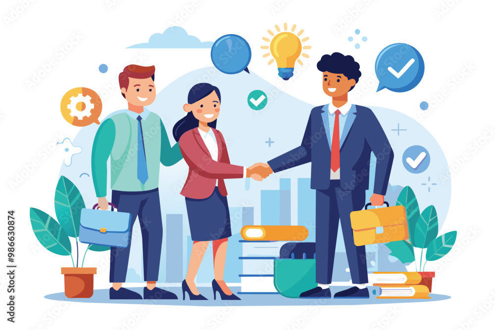 Two businesspeople shake hands with a partner, conveying negotiation and agreement in a corporate environment, Business deal concept, illustrated flatly. Two businesspeople shake hands with a partner, conveying negotiation and agreement in a corporate environment, Business deal concept, illustrated flatly.