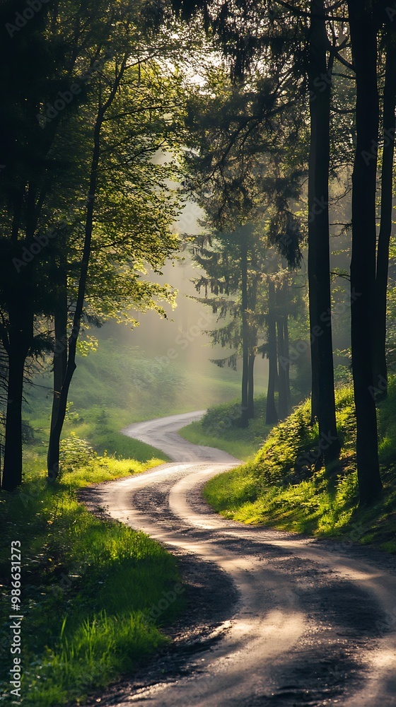 Obraz premium Scenic Winding Road Through Sunlit Forest