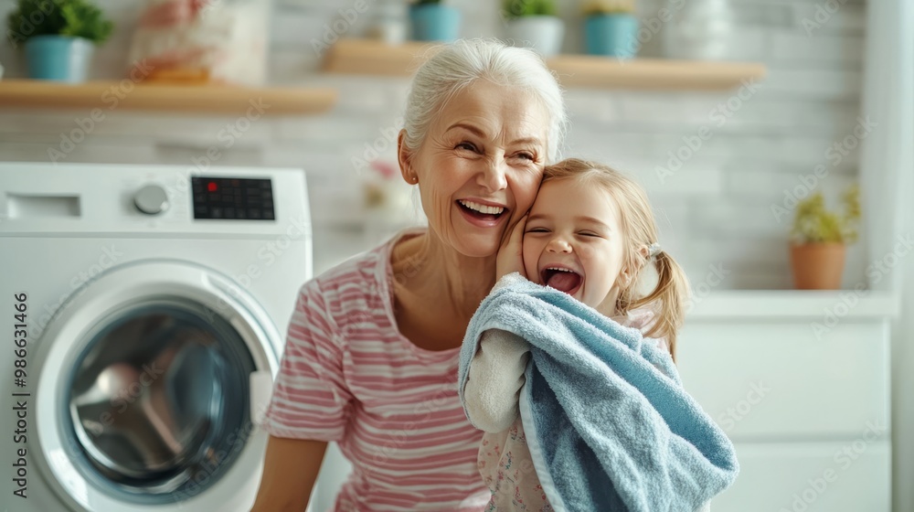 Granny and child play by washer. Granny and child play by washer.