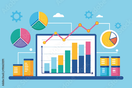 Charts display business income analysis trends and insights with various colorful graphs and data visualizations, Business income analysis is trending and remains flat.