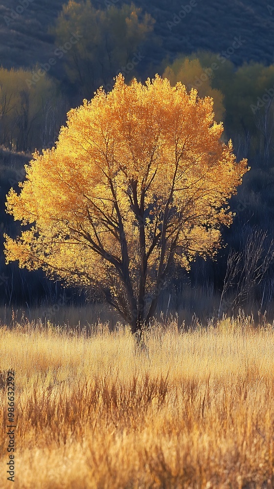 Fototapeta premium Golden Autumn Tree in Meadow, Warm Fall Colors and Dramatic Light