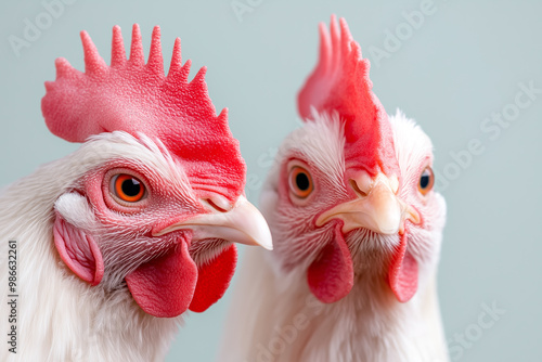 Two close-up chickens with vibrant combs and expressive features against a pastel background photo