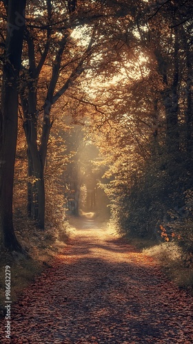 Sunbeams through the Trees in an Autumn Forest