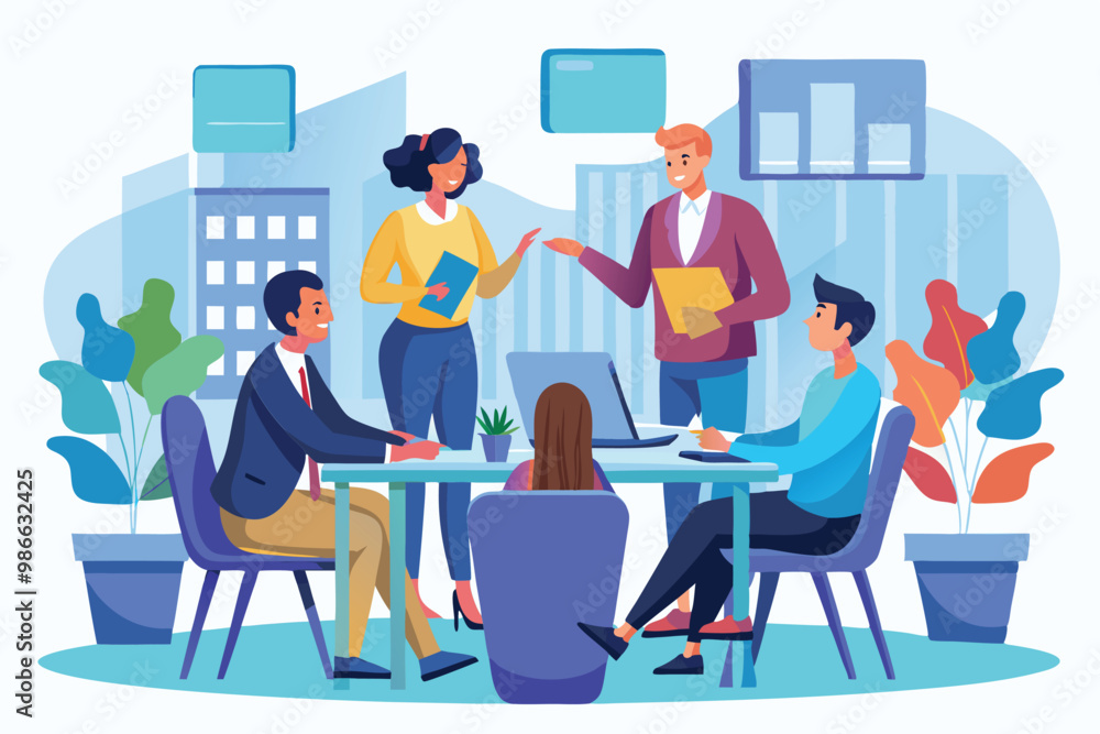 A diverse group of professionals engages in an interactive meeting around a table, sharing ideas and strategies, Business meetings illustrated flat. A diverse group of professionals engages in an interactive meeting around a table, sharing ideas and strategies, Business meetings illustrated flat.