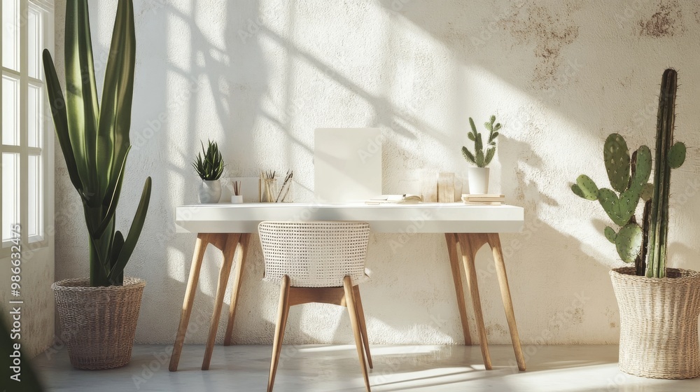 Chic white room with desk, chair, and cactus Chic white room with desk, chair, and cactus