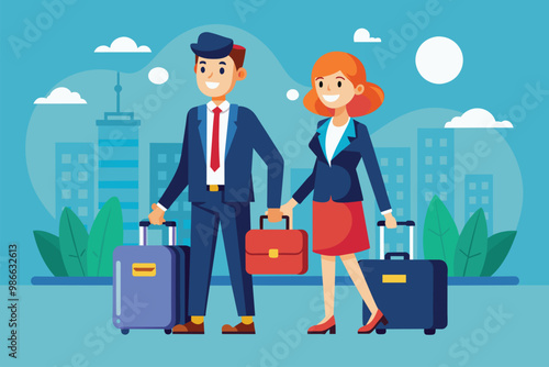Two business partners are walking together, each carrying luggage, in a colorful urban environment, Business partners with luggage and flat illustration.