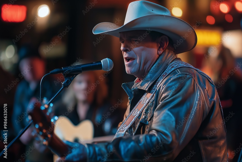 A man in a cowboy hat singing into a microphone. He is wearing a leather jacket and has a guitar in front of him A man in a cowboy hat singing into a microphone. He is wearing a leather jacket and has a guitar in front of him