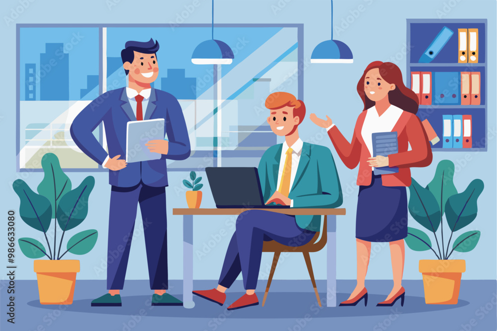 Three colleagues discuss ideas while one works on a laptop in a bright office environment, Business people in office exchanging ideas, flat illustration. Three colleagues discuss ideas while one works on a laptop in a bright office environment, Business people in office exchanging ideas, flat illustration.
