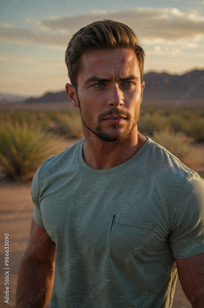 A man with green eyes stands confidently outdoors in a desert landscape during golden hour, showcasing a rugged, determined expression. A man with green eyes stands confidently outdoors in a desert landscape during golden hour, showcasing a rugged, determined expression.