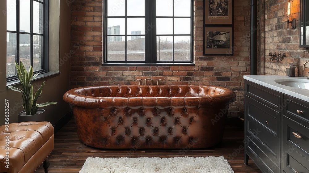 Industrial loft bathroom with exposed brick walls The room has a rustic, cozy feel with the brick walls and wooden floor. Industrial loft bathroom with exposed brick walls The room has a rustic, cozy feel with the brick walls and wooden floor.