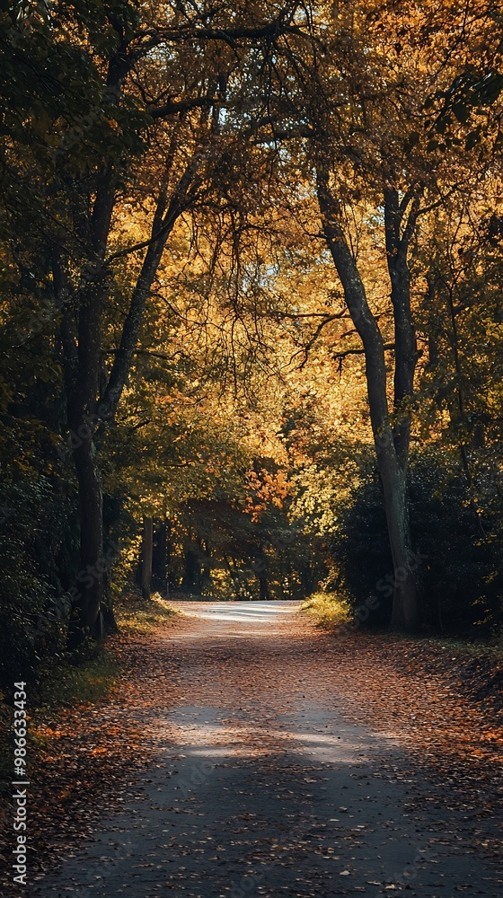 Autumnal Forest Path with Golden Leaves and Sunlight Autumnal Forest Path with Golden Leaves and Sunlight