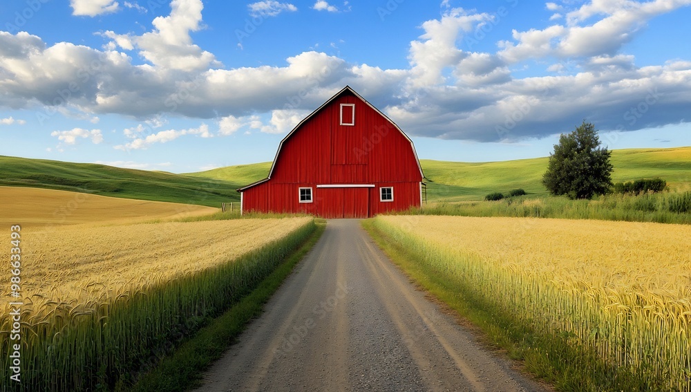 red barn standing tall in the middle of a golden wheat field red barn standing tall in the middle of a golden wheat field
