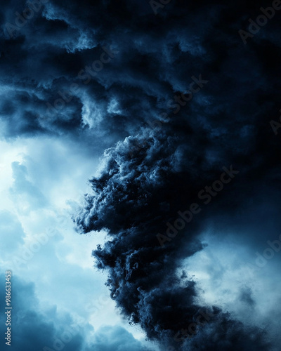 Dramatic dark clouds swirl ominously in the sky, creating a powerful and striking visual of nature's intense stormy weather.