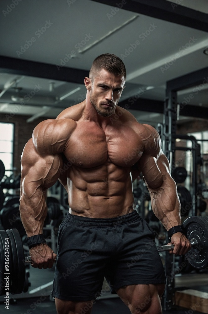 A muscular man lifting weights in a modern gym focused on strength training and fitness development. A muscular man lifting weights in a modern gym focused on strength training and fitness development.