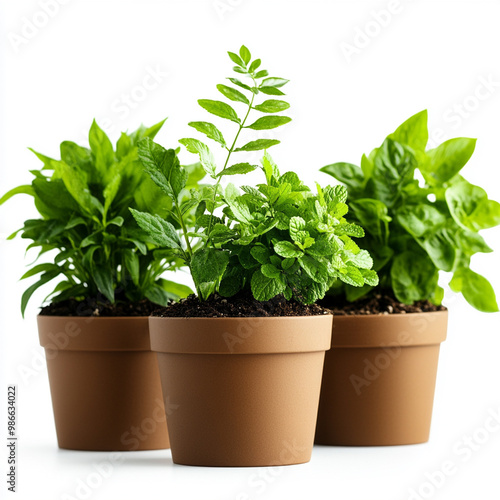 Fresh green herbs in terracotta pots, perfect for enhancing your culinary creations and adding a splash of nature to your space.