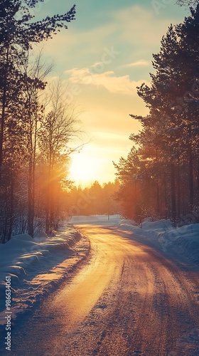 Scenic winter road with snow covered road, trees and sunset. Beautiful nature landscape