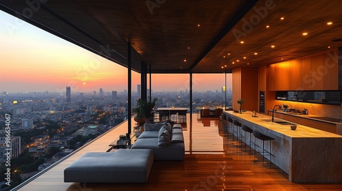 Wallpaper Mural Luxury penthouse kitchen with panoramic city views, modern furniture, and elegant decor. Torontodigital.ca