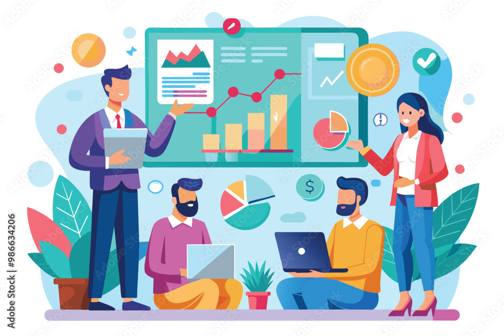 A group of professionals collaborates on a business presentation, analyzing charts and data together, Business presentation and analysis, illustrated in a flat style. A group of professionals collaborates on a business presentation, analyzing charts and data together, Business presentation and analysis, illustrated in a flat style.