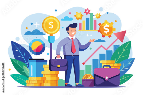 A professional illustrates the concept of business profits with charts, coins, and growth symbols, Business profits concept illustrated in a flat style.