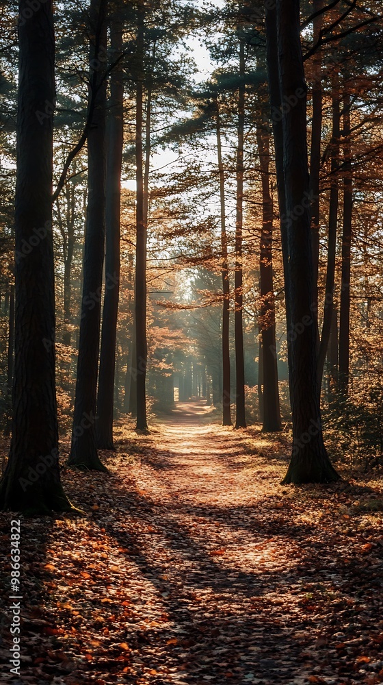 Sun shining through trees in autumn forest, path, nature background Sun shining through trees in autumn forest, path, nature background