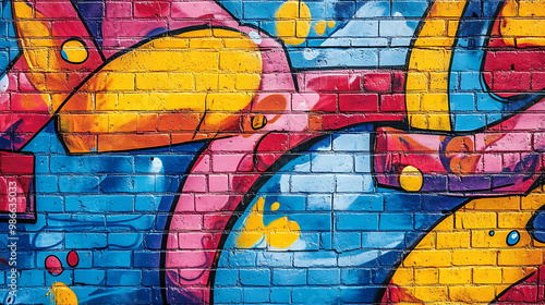 Intricate graffiti designs with bold colors on a rough brick wall, street art energy