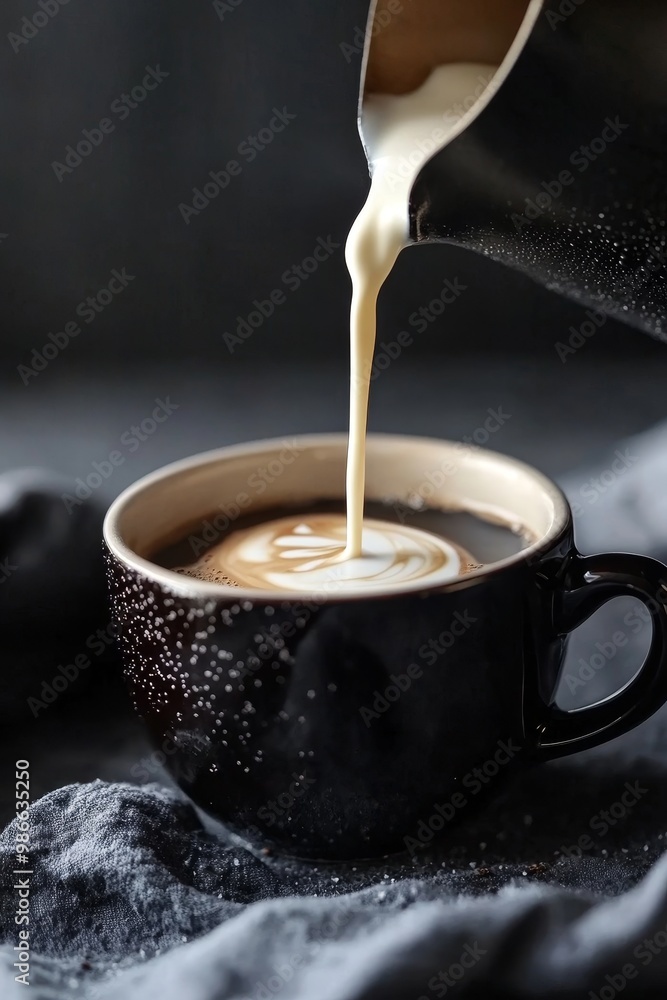 Slow motion pouring of creamer into black coffee, creating a creamy swirl effect in a cup Slow motion pouring of creamer into black coffee, creating a creamy swirl effect in a cup