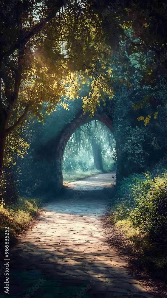 Obraz premium Mystical Forest Path with Sunbeams Through Trees and Archway