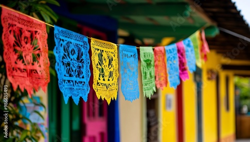 colorful papel picado banners hanging across the front of traditional homes photo