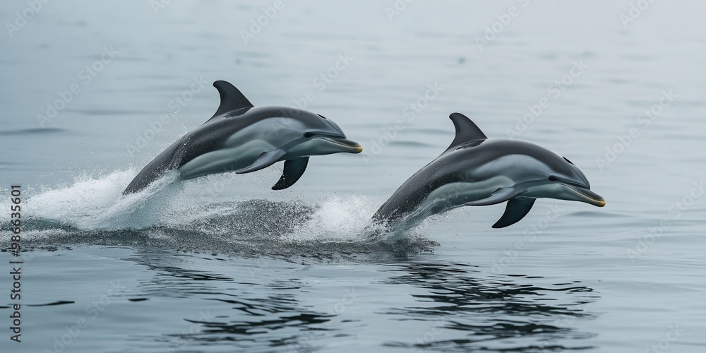 Obraz premium Two dolphins are swimming in the ocean, one of which is jumping out of the water. The scene is peaceful and serene, with the dolphins gracefully moving through the water