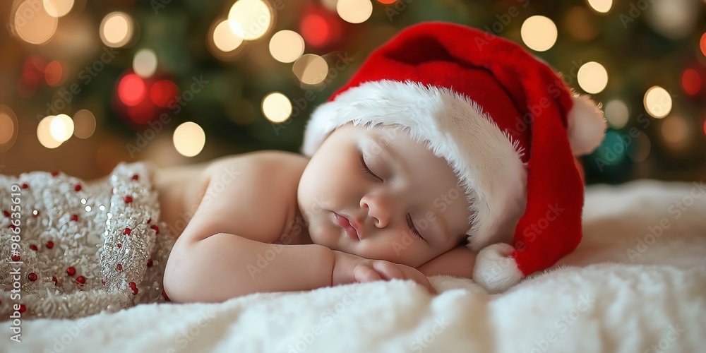 A baby is sleeping with a red hat on. The hat has a white star on it. The baby is laying on a bed with a Christmas tree in the background A baby is sleeping with a red hat on. The hat has a white star on it. The baby is laying on a bed with a Christmas tree in the background