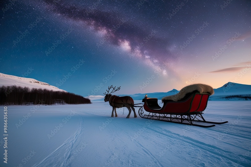 Stunning Arctic Scenery with Bright Stars and Joyful Sleigh at Winter Twilight Stunning Arctic Scenery with Bright Stars and Joyful Sleigh at Winter Twilight