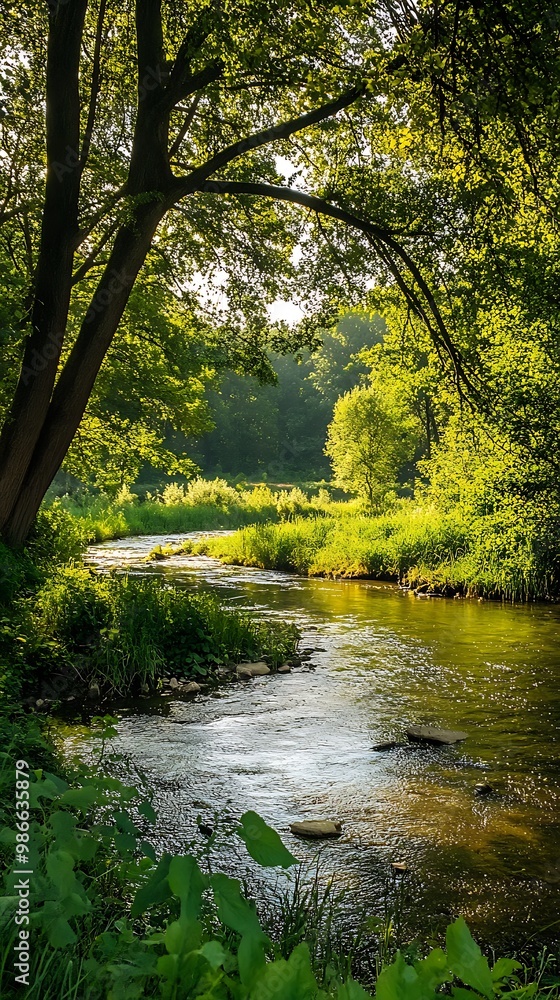 Fototapeta premium Tranquil river flowing through lush green forest with sunlight streaming through leaves