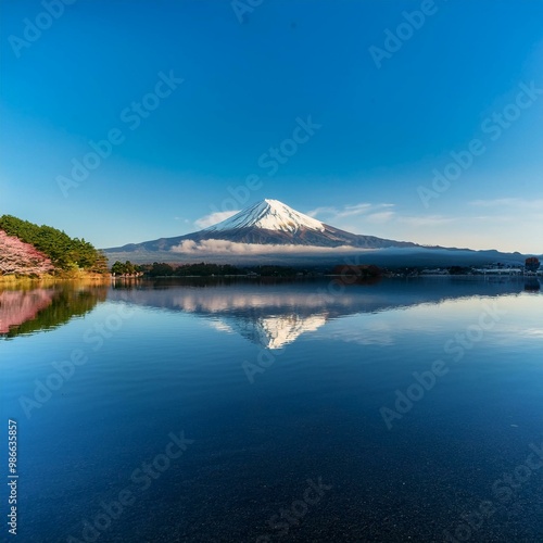 風のない朝、鏡のように澄んだ湖水面に逆さ富士が映り込む」周囲には紅葉した木々が湖畔を彩り、静寂な時間が流れている