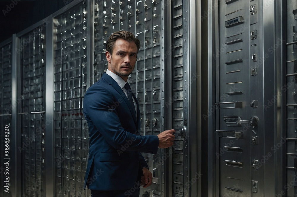 Fototapeta premium A man in a suit opens a large bank vault door in a modern facility during the day.