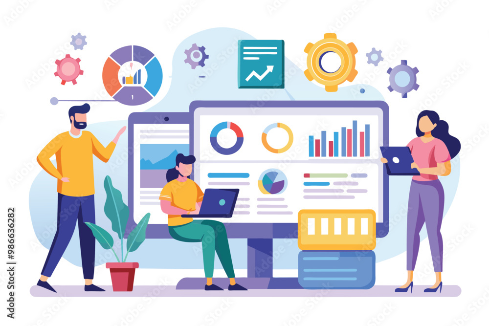 A business team collaboratively analyzes web reports using various digital tools and displays, Business team analysis and monitoring on web report dashboard monitor, illustrated in a flat design. A business team collaboratively analyzes web reports using various digital tools and displays, Business team analysis and monitoring on web report dashboard monitor, illustrated in a flat design.