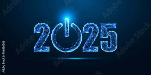 2025 New Year innovations with glowing 2025 digits and power button on dark blue background.