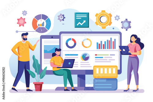 A business team collaboratively analyzes web reports using various digital tools and displays, Business team analysis and monitoring on web report dashboard monitor, illustrated in a flat design.