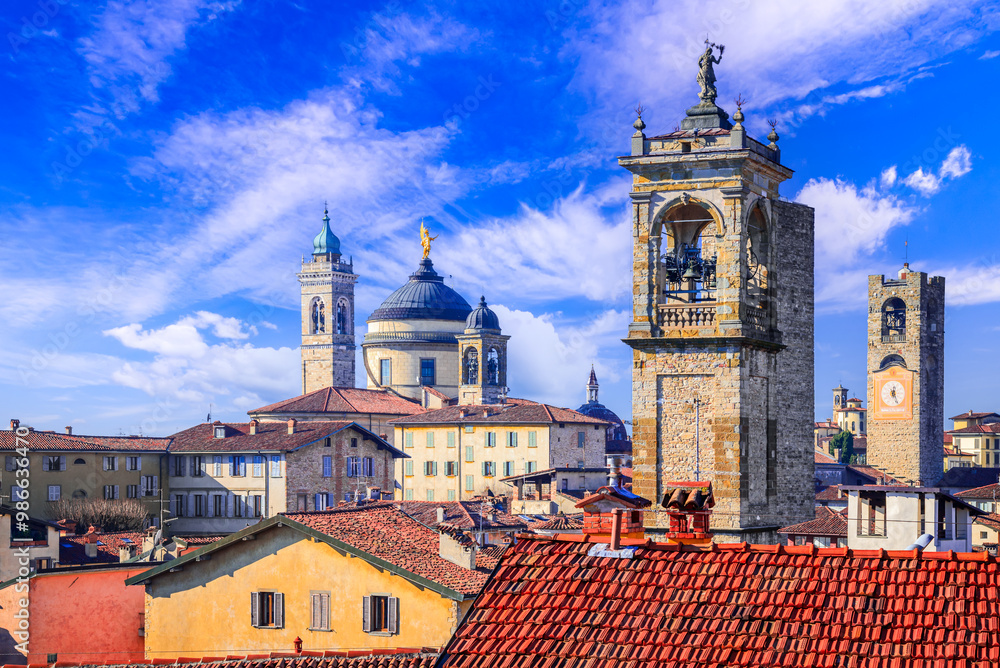 Bergamo, Lombardy - Italy. Upper view from Campanone with Piazza Vecchia and Torre del Gombito.